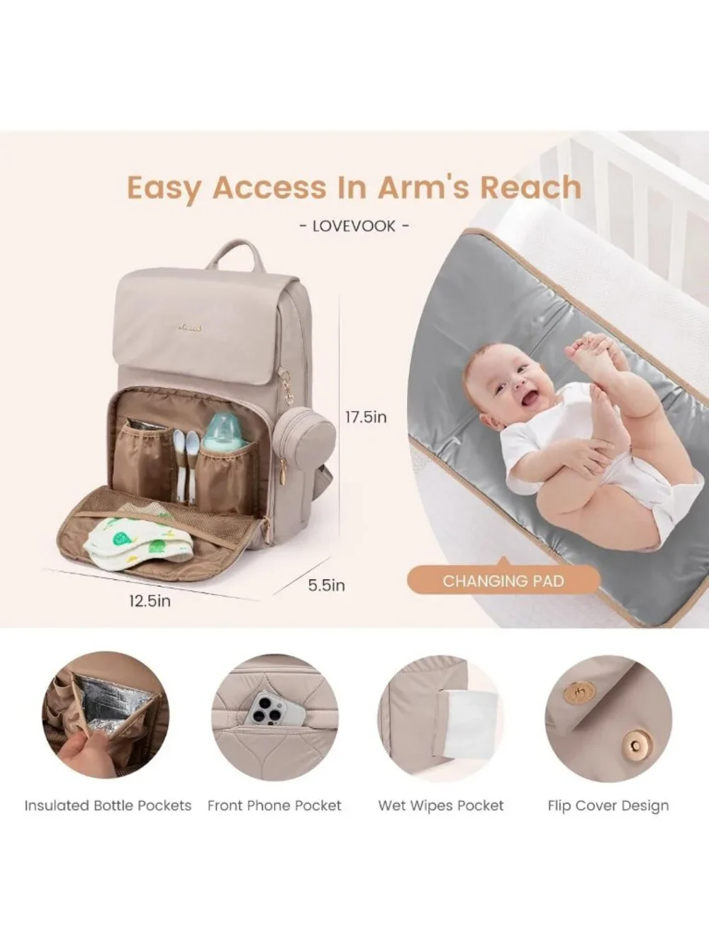 Stylish Waterproof Diaper Bag Backpack for Baby Travel, Includes Changing Pad